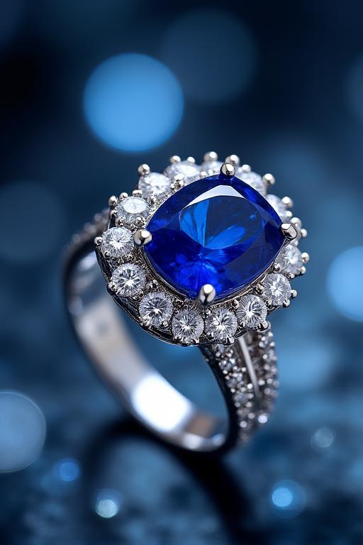 Platinring mit einem königsblauen Saphir und Diamanten.