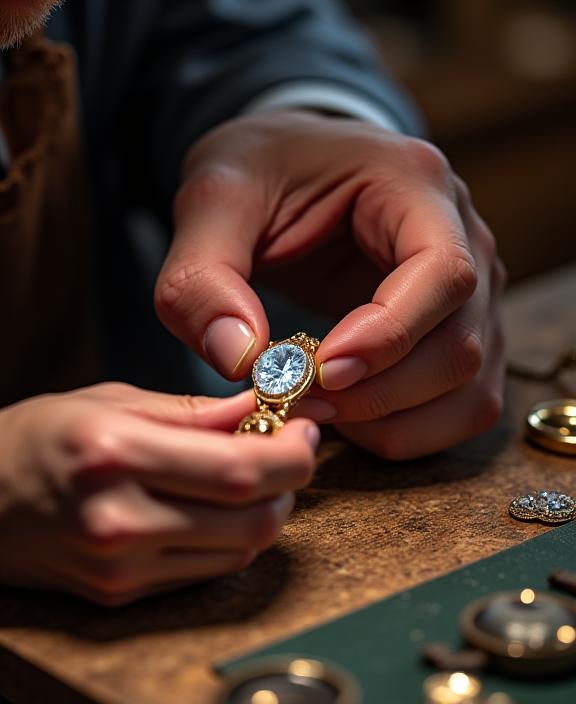 Ein Meisterjuwelier, der mit einer Lupe einen Edelstein inspiziert.